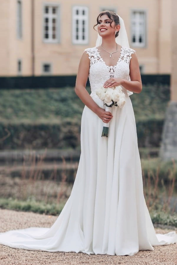 Chiffon A Line Wedding Dress with Lace Bodice and Illusion Back