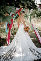 Chiffon A Line Wedding Dress with Plunging V Neck and Open Back