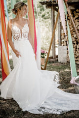 Chiffon A Line Wedding Dress with Plunging V Neck and Open Back
