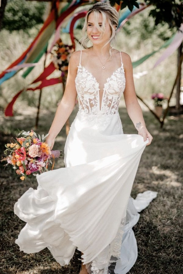 Chiffon A Line Wedding Dress with Plunging V Neck and Open Back