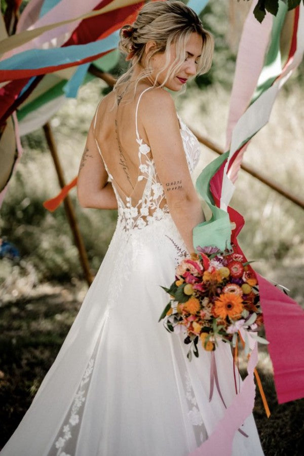 Chiffon A Line Wedding Dress with Plunging V Neck and Open Back