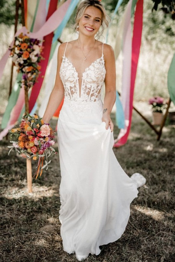 Chiffon A Line Wedding Dress with Plunging V Neck and Open Back