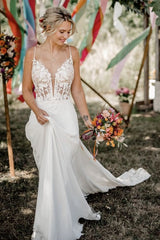 Chiffon A Line Wedding Dress with Plunging V Neck and Open Back