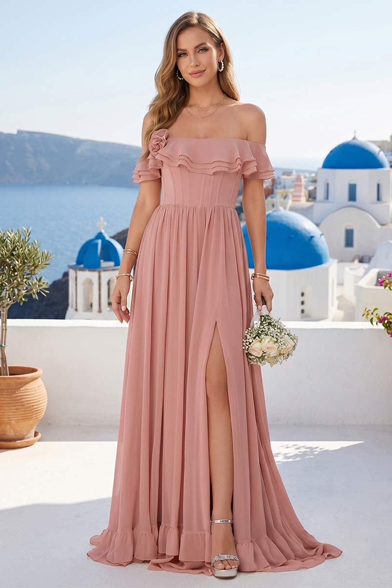 Chiffon A-Line/Princess Off-the-Shoulder Short Sleeves Ruched Bridesmaid Dresses