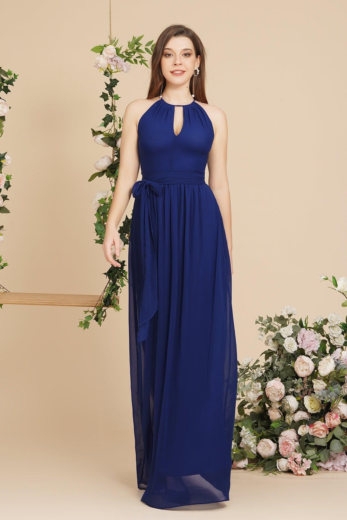 high-neck chiffon bridesmaid dress with keyhole Chiffon High-Neck Bridesmaid Dress with Keyhole