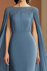 Chiffon Long Grey Blue Wedding Guest Dress Sheath Formal Dress With Shawl