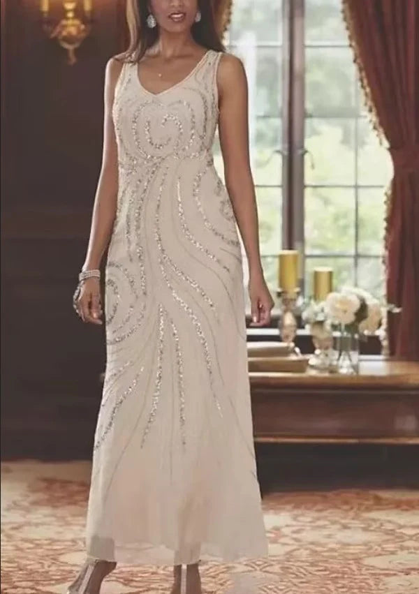 Chiffon Mother of the Bride Dress 3/4 Sleeve Wedding Guest Dress with Beadings