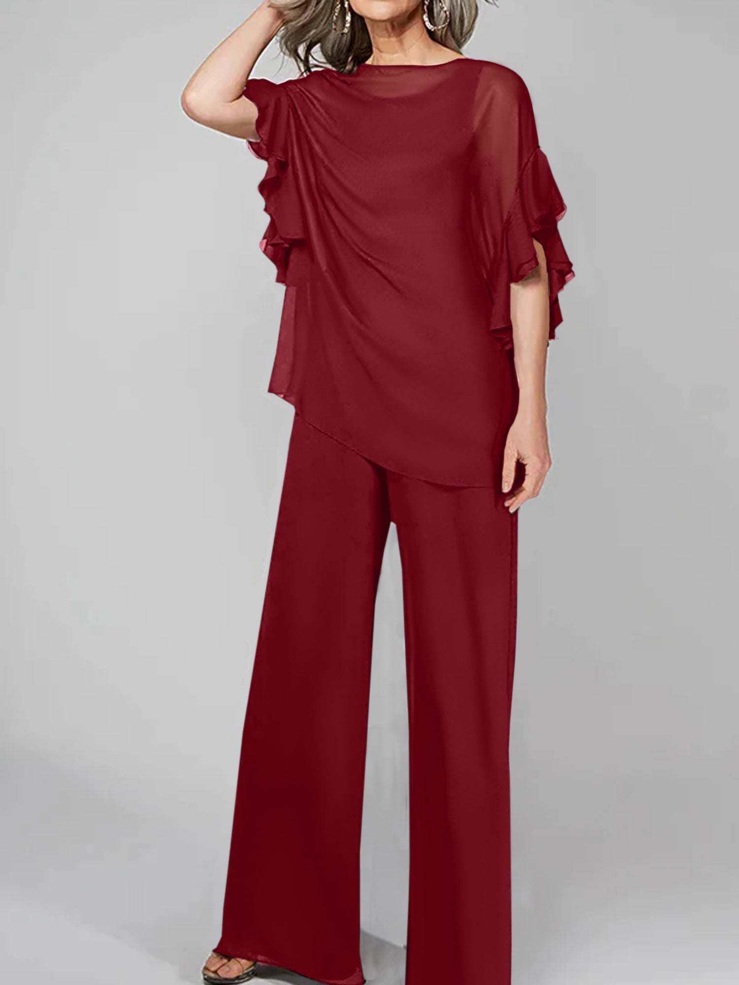 Chiffon Mother of the Bride Pantsuits with Scoop Neck and Half Sleeves