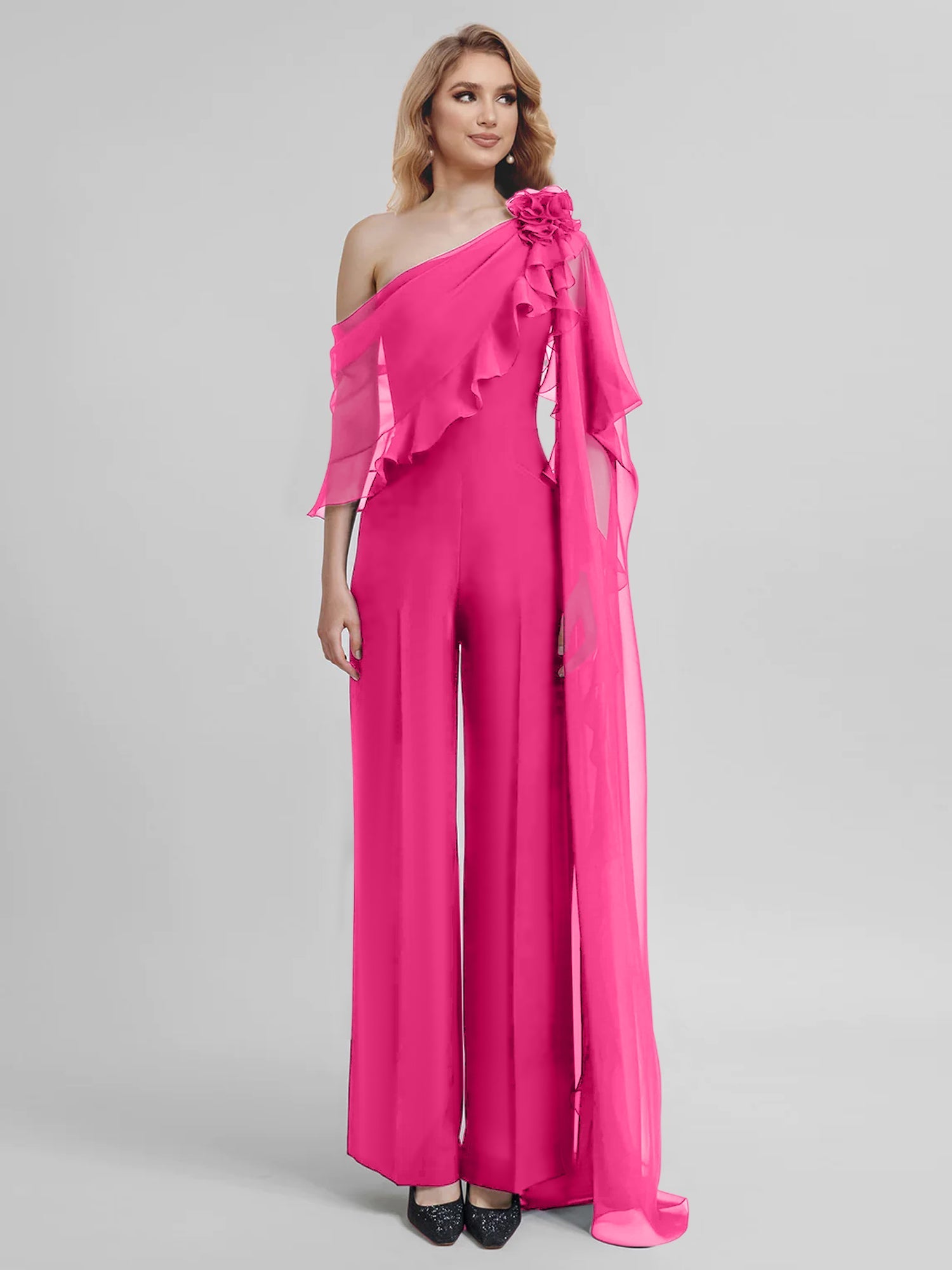 Chiffon One-Shoulder Jumpsuits with Half Sleeves for the Mother of the Bride
