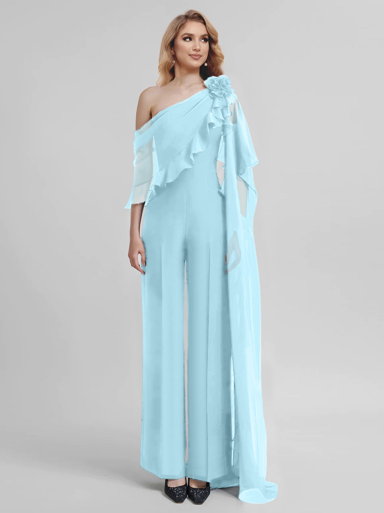 Chiffon One-Shoulder Jumpsuits with Half Sleeves for the Mother of the Bride