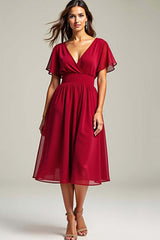 Chiffon Red Wedding Guest Dress V-Neck Knee Length Formal Dress With Short Sleeves