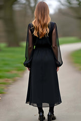 Chiffon Sleeves A Line Black Wedding Guest Dress Formal Dress