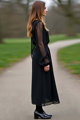 Chiffon Sleeves A Line Black Wedding Guest Dress Formal Dress