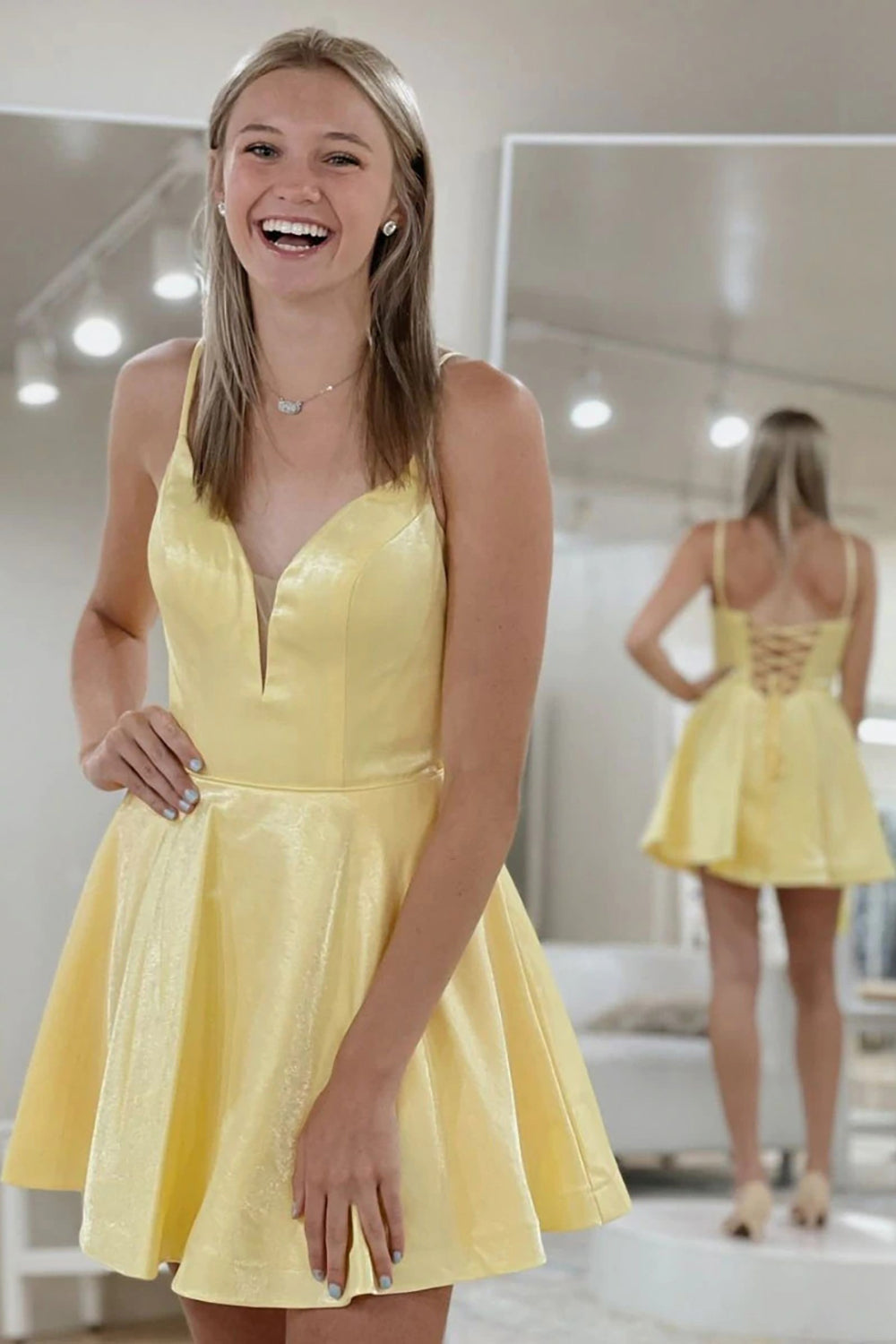 Classic A Line Spaghetti Straps Yellow Homecoming Dresses Cocktail Dresses with Criss Cross
