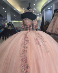 Classic Ball Gown Sweetheart Neck Off Shoulder Sleeveless Flower Lace Appliques Baby Pink Tulle Princess Prom Party Gown Quinceanera Dress For Sweet 16 Dress
