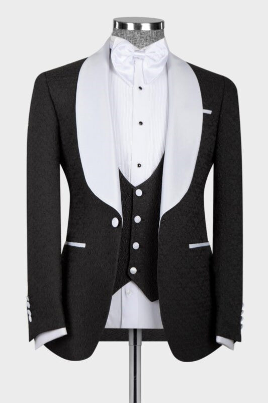 Classic Black 3 Piece Wedding Suit with White Shawl Lapel