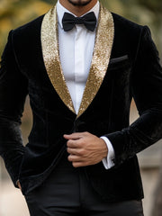 Classic Black Velvet Blazer For Men - Single-Button Vintage Party Jacket