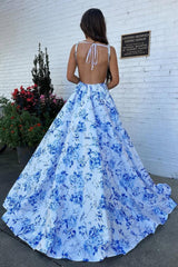 Dressystars Classic Blue Floral A-Line Square Neck Backless Long Prom Gown Formal Evening Gown