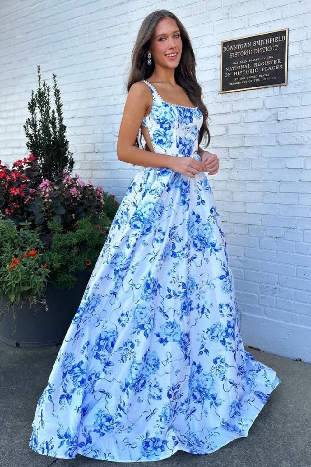 Dressystars Classic Blue Floral A-Line Square Neck Backless Long Prom Gown Formal Evening Gown