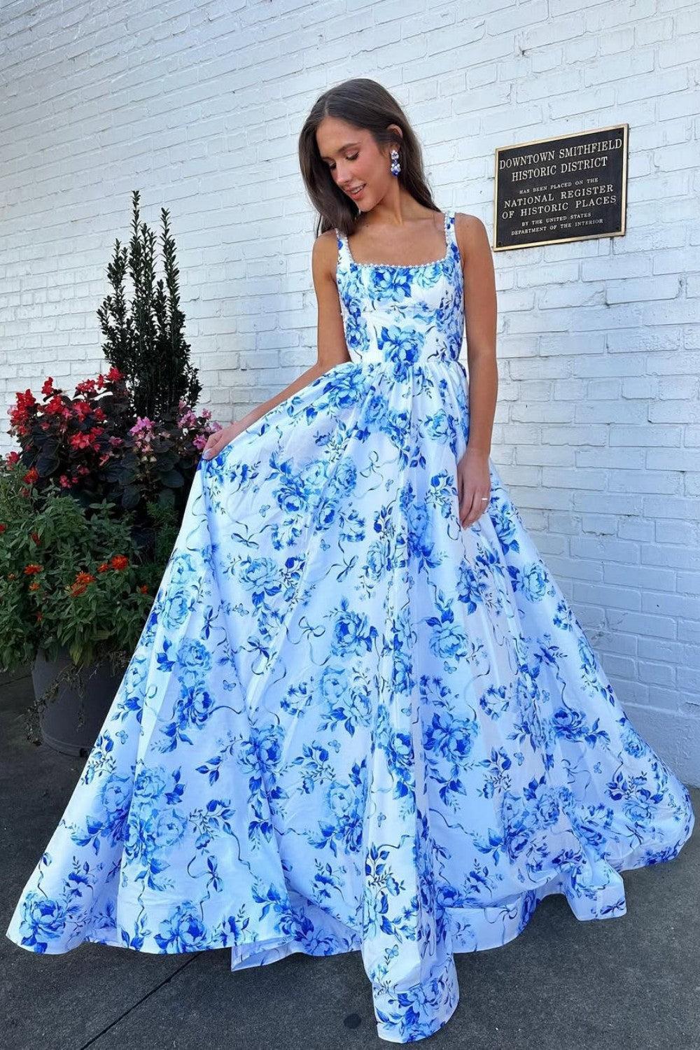Dressystars Classic Blue Floral A-Line Square Neck Backless Long Prom Gown Formal Evening Gown