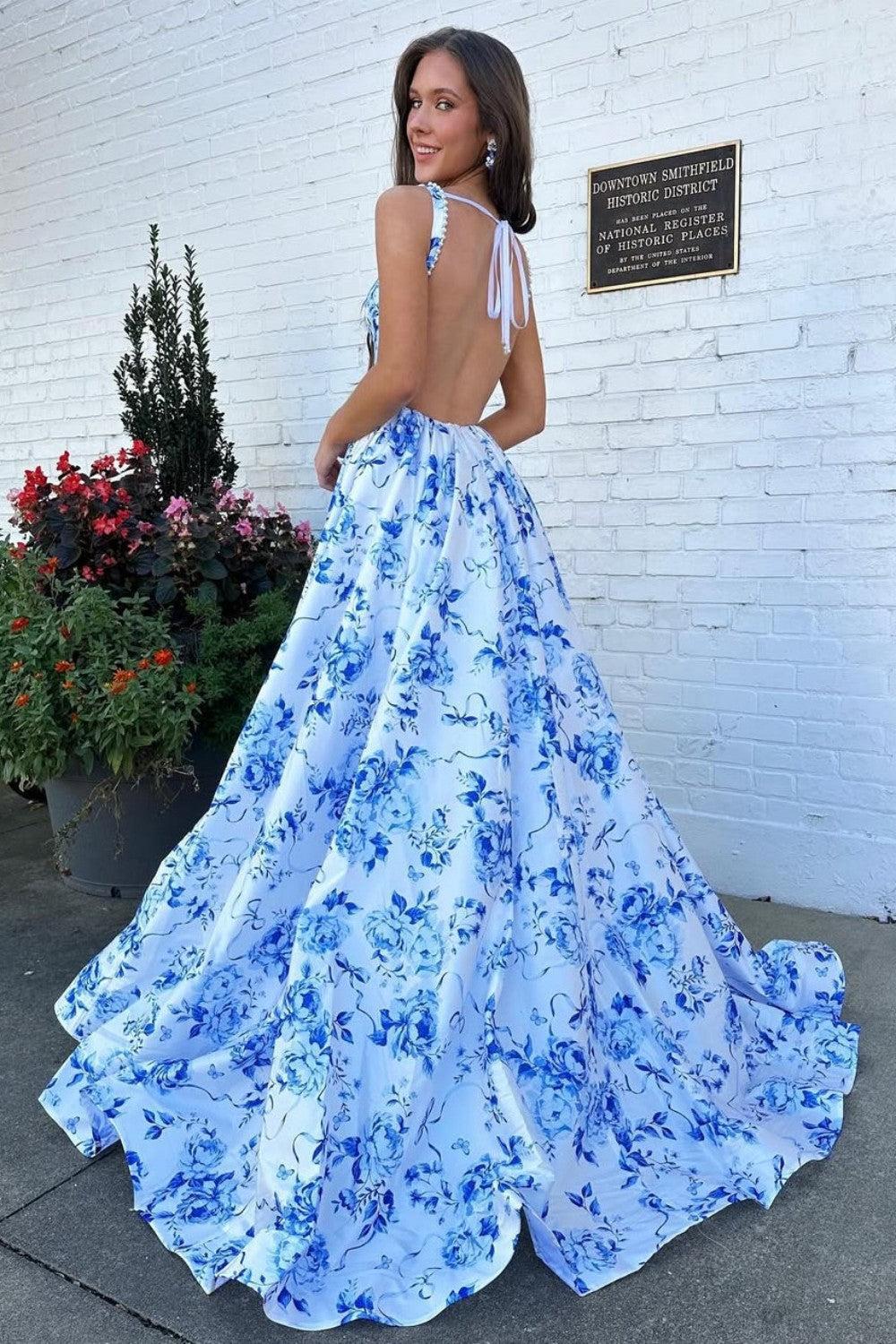 Dressystars Classic Blue Floral A-Line Square Neck Backless Long Prom Gown Formal Evening Gown