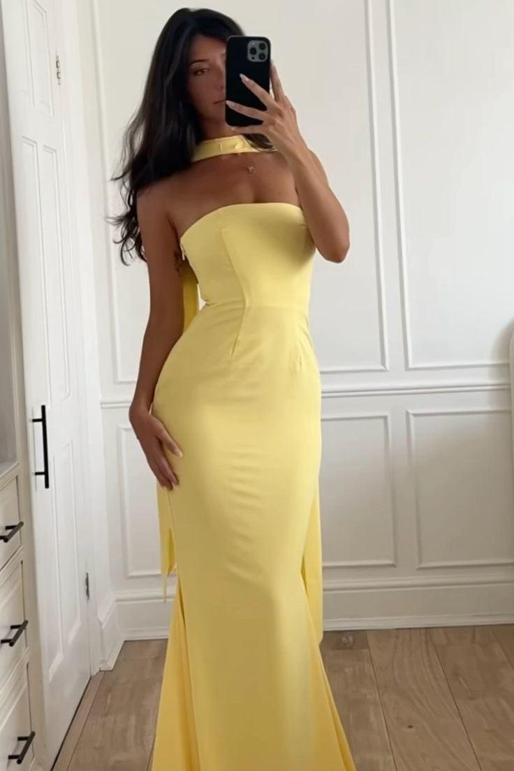 Classic Mermaid Strapless Yellow Long Prom Dress With Scarf Formal Evening Gown