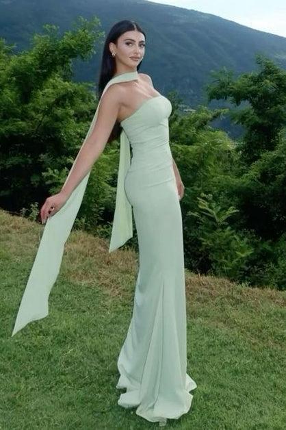 Classic Mermaid Strapless Yellow Long Prom Dress With Scarf Formal Evening Gown