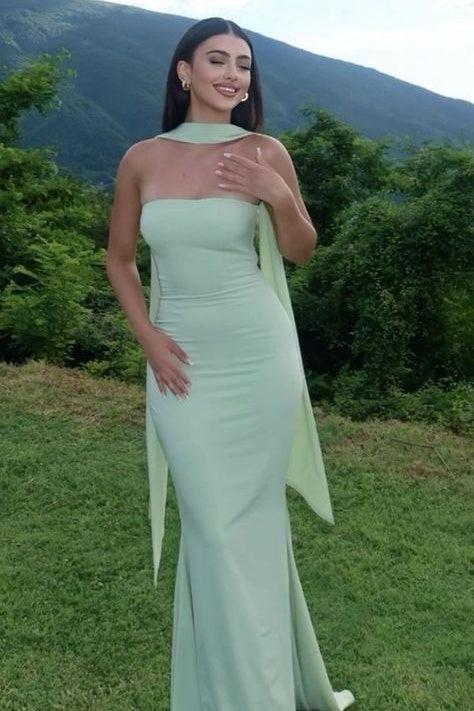 Classic Mermaid Strapless Yellow Long Prom Dress With Scarf Formal Evening Gown
