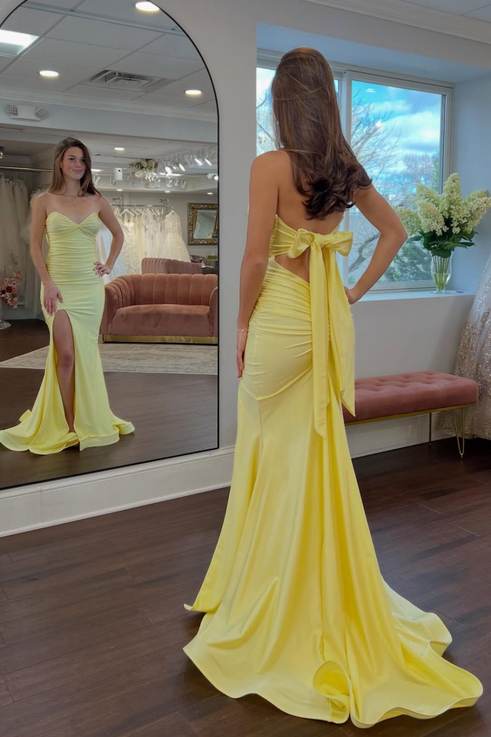 Dressystars Classic Mermaid Sweetheart Yellow Long Prom Dress With Split Front Open Back Formal Evening Gown