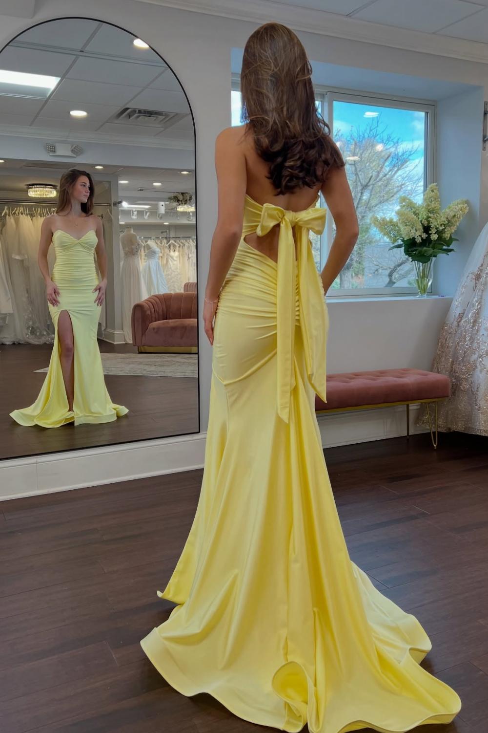 Dressystars Classic Mermaid Sweetheart Yellow Long Prom Dress With Split Front Open Back Formal Evening Gown