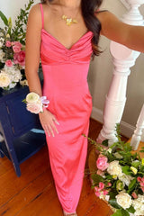 Dressystars Classic Sheath Spaghetti Straps Candy Pink Long Prom Dress With Ruched Formal Evening Gown