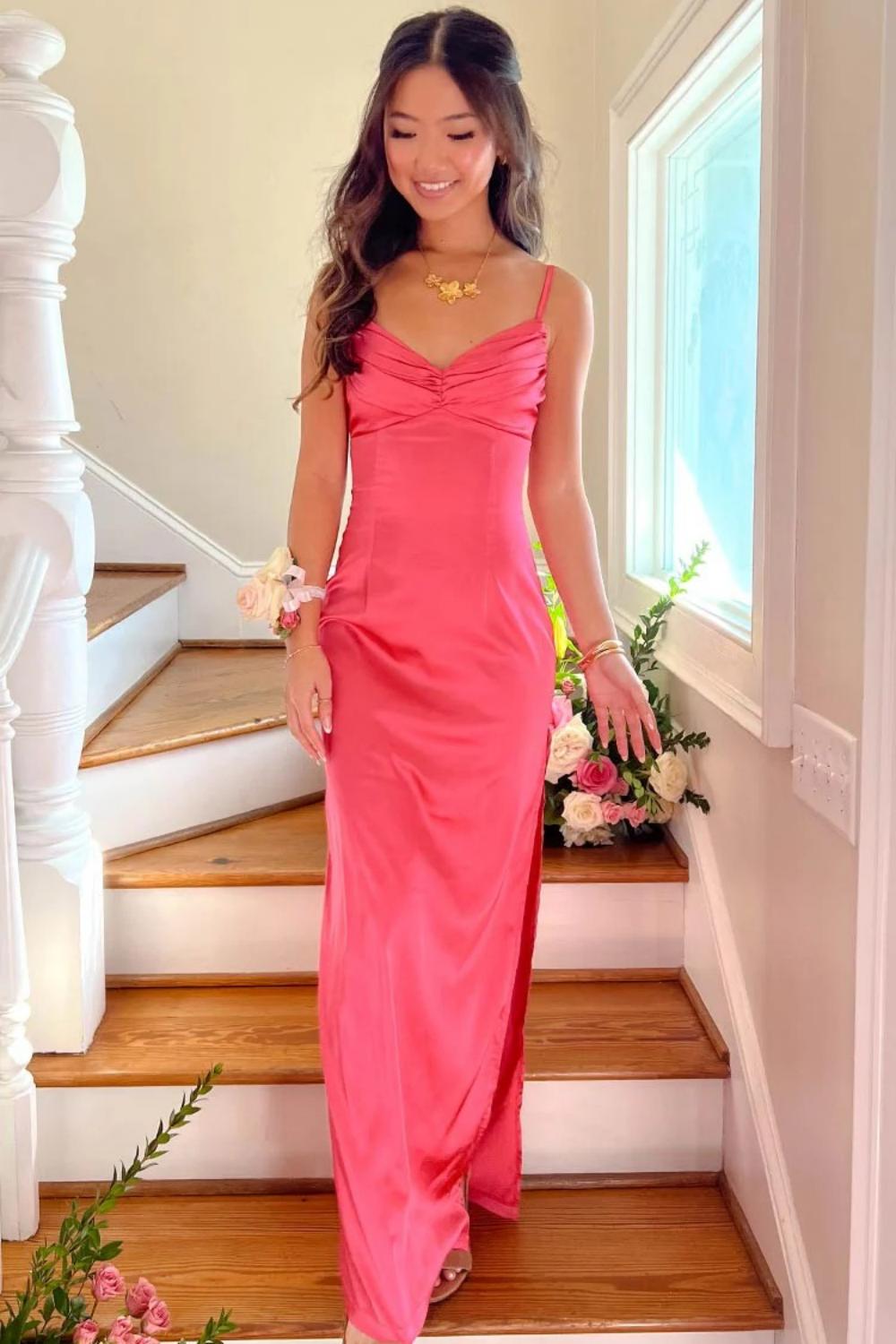 Dressystars Classic Sheath Spaghetti Straps Candy Pink Long Prom Dress With Ruched Formal Evening Gown
