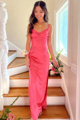 Dressystars Classic Sheath Spaghetti Straps Candy Pink Long Prom Dress With Ruched Formal Evening Gown