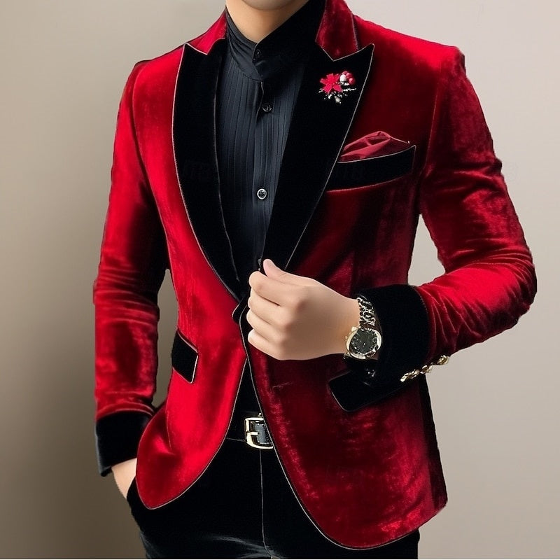 Classic Single-Button Velvet Blazer For Men In Solid Colors