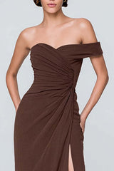 Dressystars Coffee Asymmetrical Neck One Shoulder Ruched Long Prom Dress With Slit