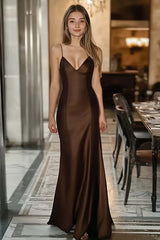 Coffee Formal Dress Satin Spaghetti Straps Mermaid Long Wedding Guest Dress