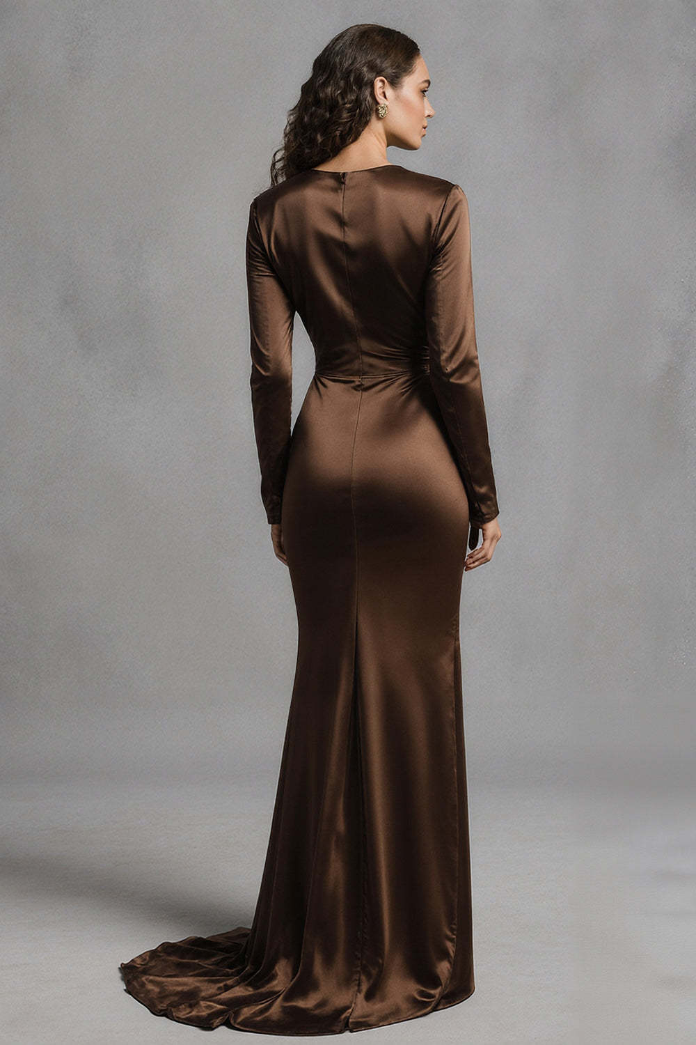 Dressystars Coffee Mermaid Crew Neck Ruched Long Satin Prom Dress