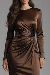 Dressystars Coffee Mermaid Crew Neck Ruched Long Satin Prom Dress