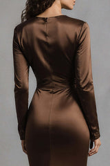 Dressystars Coffee Mermaid Crew Neck Ruched Long Satin Prom Dress
