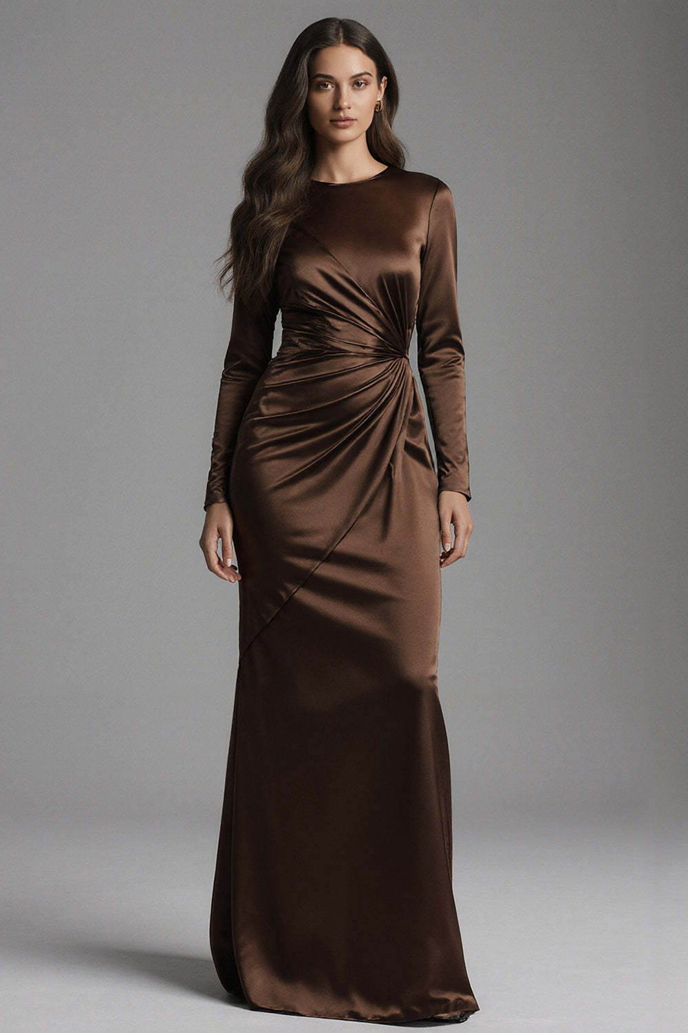 Dressystars Coffee Mermaid Crew Neck Ruched Long Satin Prom Dress