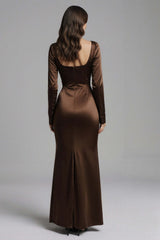Dressystars Coffee Satin Mermaid Square Neck Long Evening Dress With Sleeves