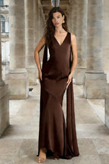 Dressystars Coffee Sheath V Neck Backless Long Satin Prom Dress With Cape