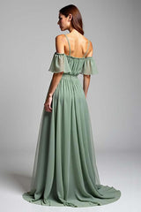 Cold Shoulder A Line Dusty Sage Wedding Guest Dress Long Formal Dress