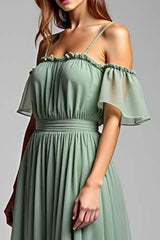 Cold Shoulder A Line Dusty Sage Wedding Guest Dress Long Formal Dress