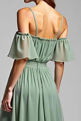 Cold Shoulder A Line Dusty Sage Wedding Guest Dress Long Formal Dress