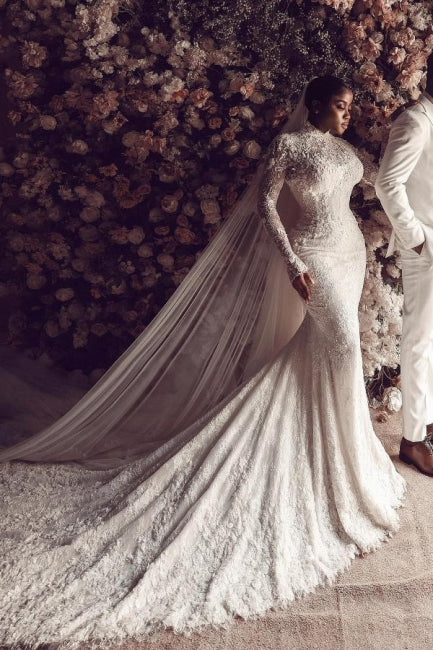 Column Lace High Neck Long Sleeve White Wedding Dress Long Bridal Gown With Appliques Train