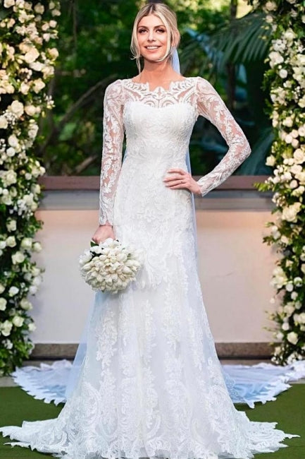Column Lace Long Sleeve White Wedding Dress Bridal Gown With Appliques