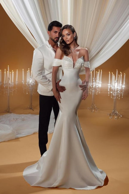 Column Satin Wedding Dress Off The Shoulder Sleeveless Ivory Bridal Gown With Beading