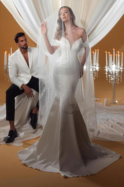 Column Satin Wedding Dress Off The Shoulder Sleeveless Ivory Bridal Gown With Beading