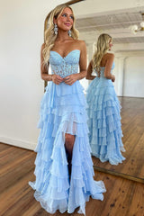 Coral Prom Dress A Line Tiered Chiffon Long Evening Dress with Lace